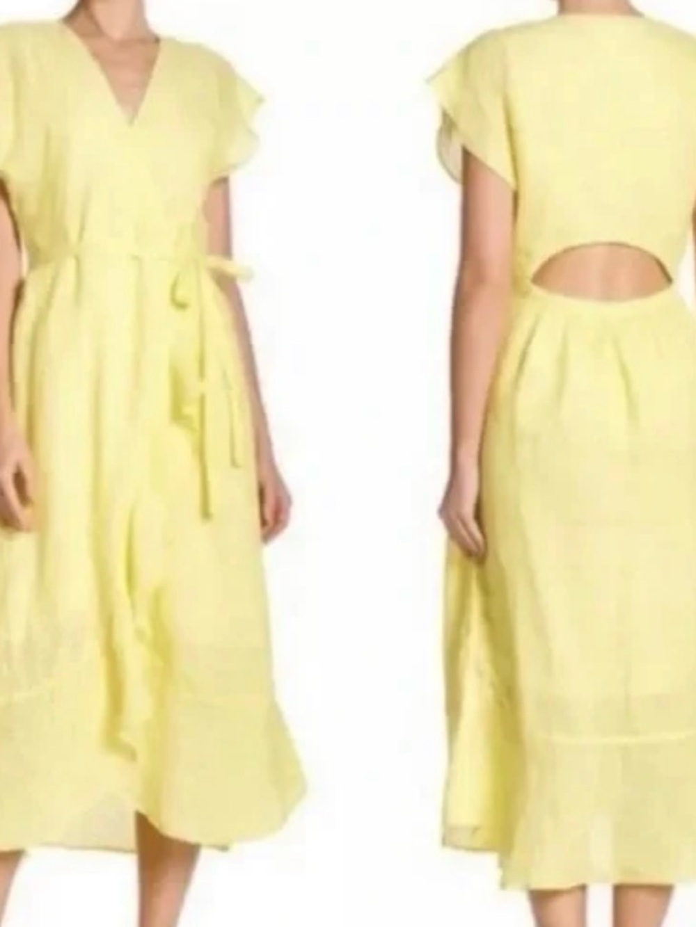 Joie Pale Yellow V‑Neck Cutout Midi Dress